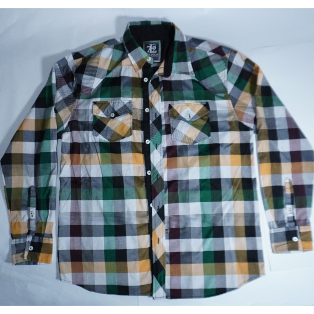 7E2 Evolution In Design 2XL Mens Brown Green Plaid Long Sleeve Button Up 2 Pocke